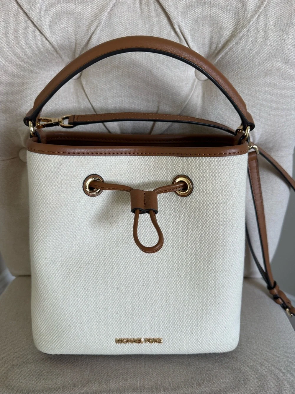 Michael Kors Cream and Brown Mini Bucket Bag with Top Handle